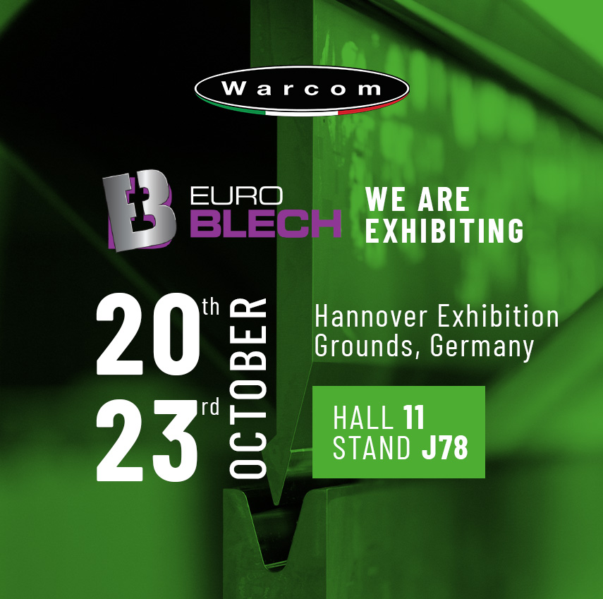 Annuncio di Warcom relativo alla fiera EuroBLECH che si terrà ad Hannover, in Germania, dal 20 al 23 ottobre 2023, presso il Padiglione 11, Stand J78.