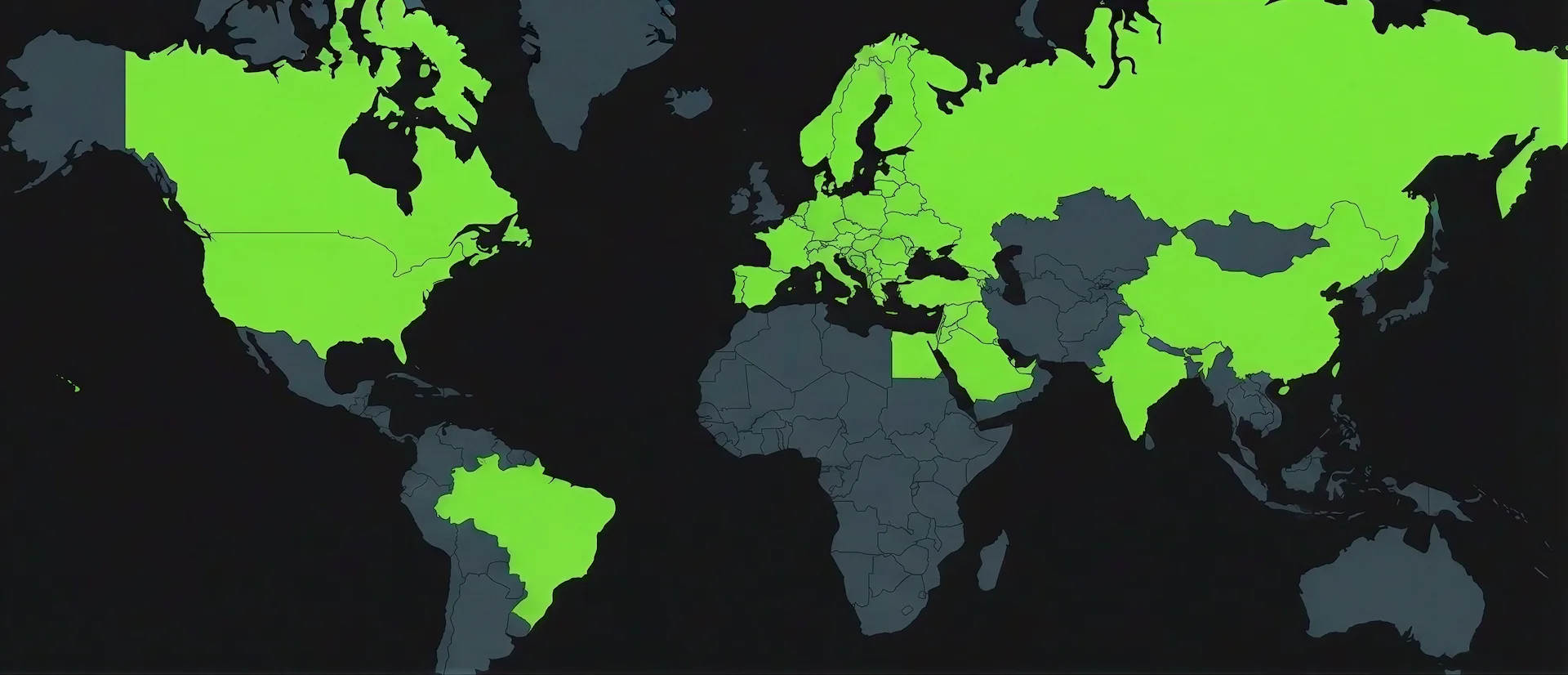 Una mappa del mondo su sfondo scuro che mostra la presenza globale di un produttore italiano di macchinari per la lavorazione della lamiera, con alcuni paesi evidenziati in verde brillante.